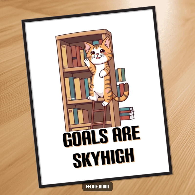Funny determined tabby cat attempting to scale a huge bookshelf, motivational art and funny gift.