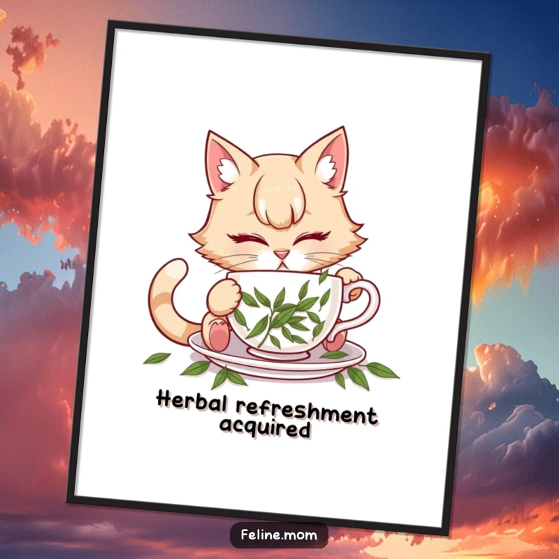 Funny illustration of a cat lady attempting to drink from a teacup filled with catnip, as wall art.