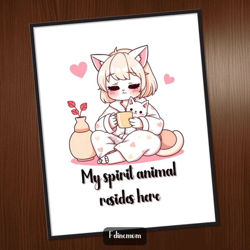 Funny and cozy art print of a cat lady in pajamas enjoying tea with her cat, perfect wall decor.