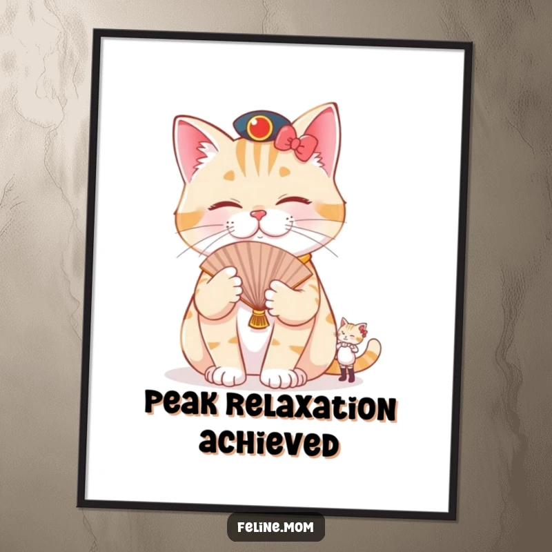 Funny pampered cat poster depicting a cat being fanned by a tiny attendant, capturing hilarious feline luxury and supreme comfort.