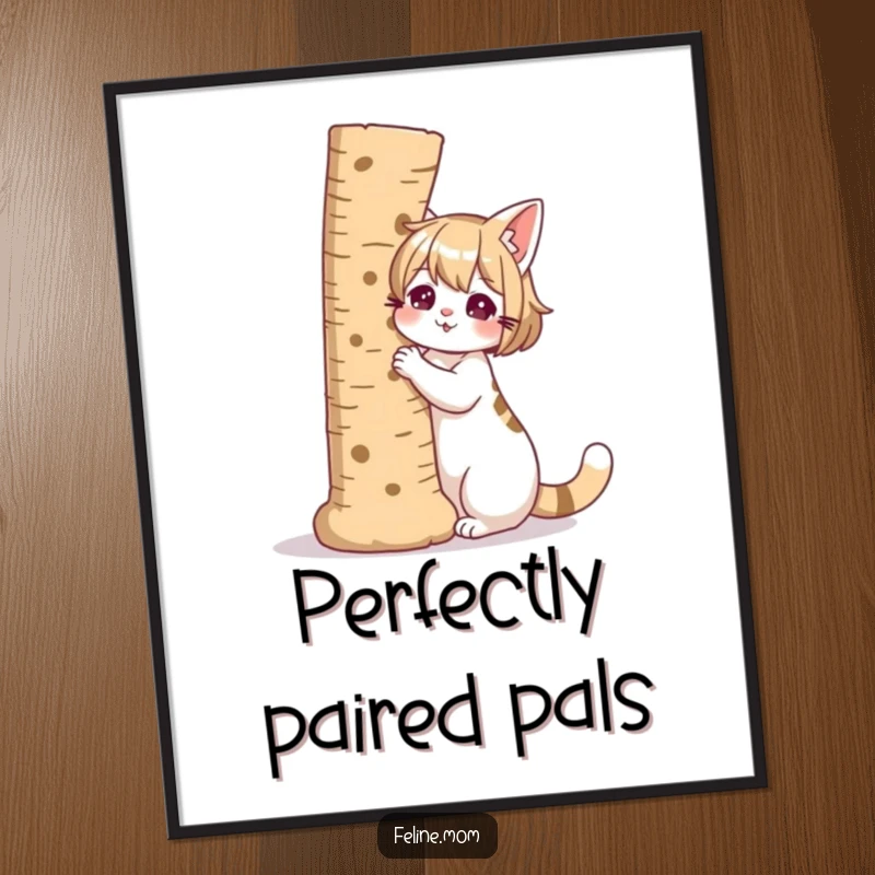 Funny illustration of a cat lady with a giant scratching post as her companion, as wall art.