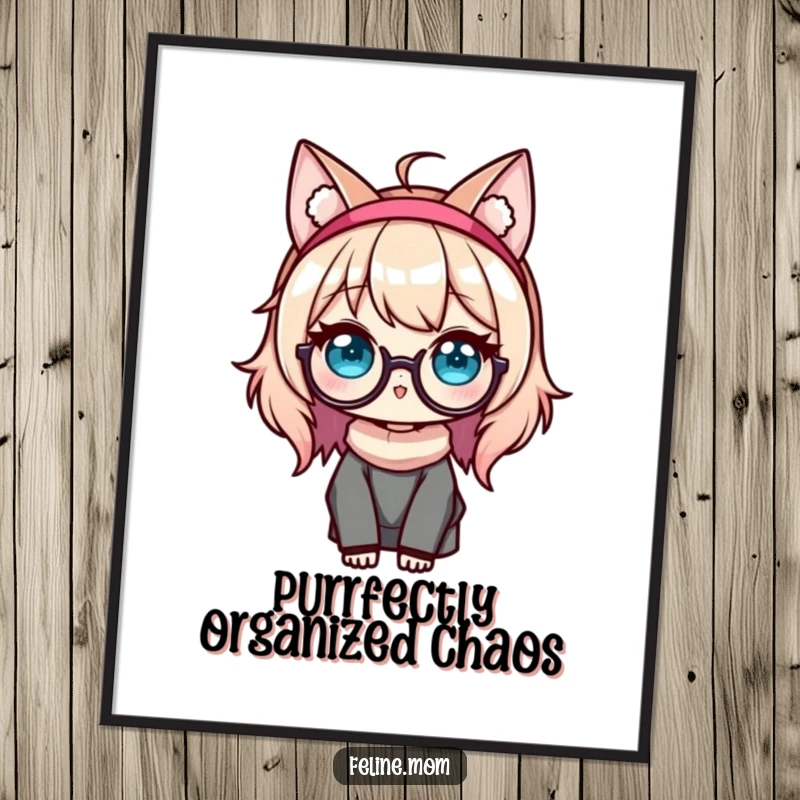 Funny Kawaii Cat Lady Poster artwork displaying a cute character with cat ears and glasses, bringing cheerful vibes to any room.