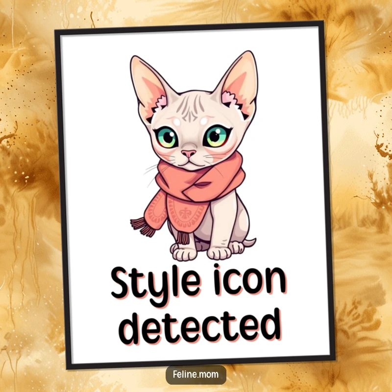 Funny Sphynx cat poster depicting a curious, hairless feline elegantly wearing an elaborate scarf, embodying hilarious high fashion and unique charm.