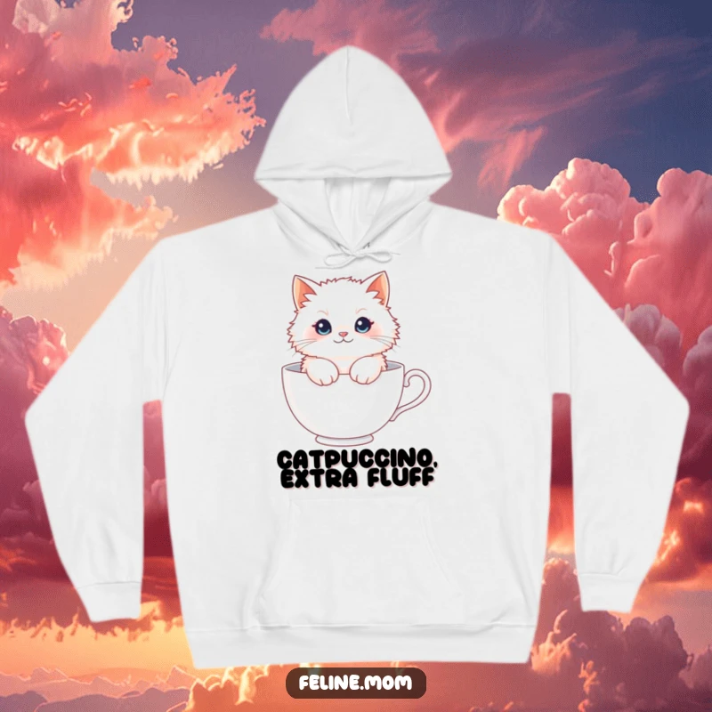 Funny Fluffy Cat Teacup Hoodie: A soft white cat rests peacefully in a huge teacup, offering warmth and whimsical charm.
