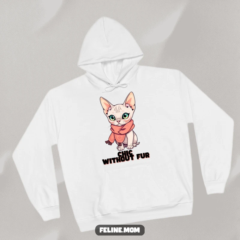 Funny Sphynx cat hoodie showing a curious, hairless cat adorned with a tiny, elaborate scarf, radiating warmth and hilarious, chic personality.