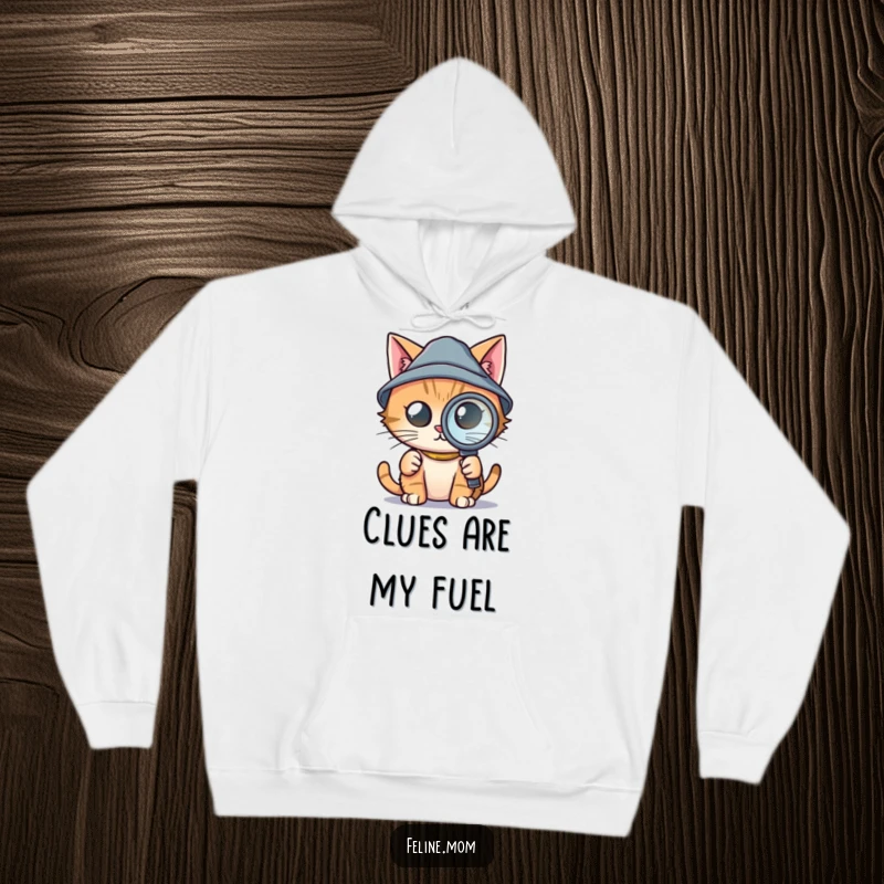 Funny hoodie featuring a determined cat wearing a tiny detective hat and holding a magnifying glass, ready for any case, ideal for gifting.