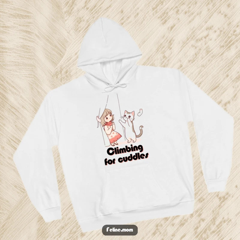 Funny illustration of a cat lady reaching for a cat climbing a curtain, on a warm and soft hoodie.