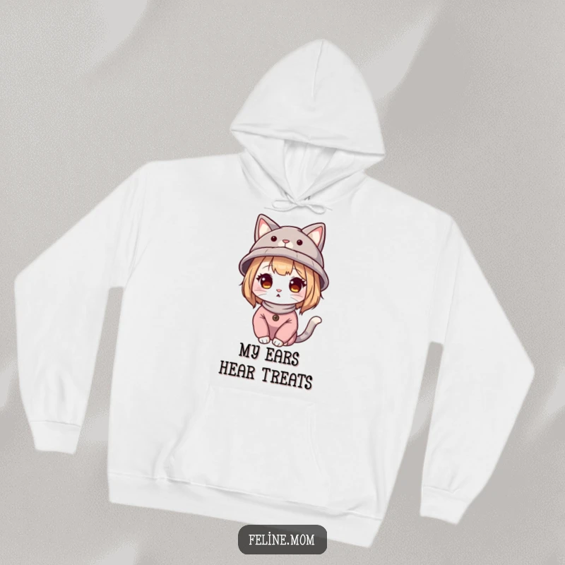 Funny cat lady illustration wearing a hat with cat ears, on a warm and comfortable hoodie.
