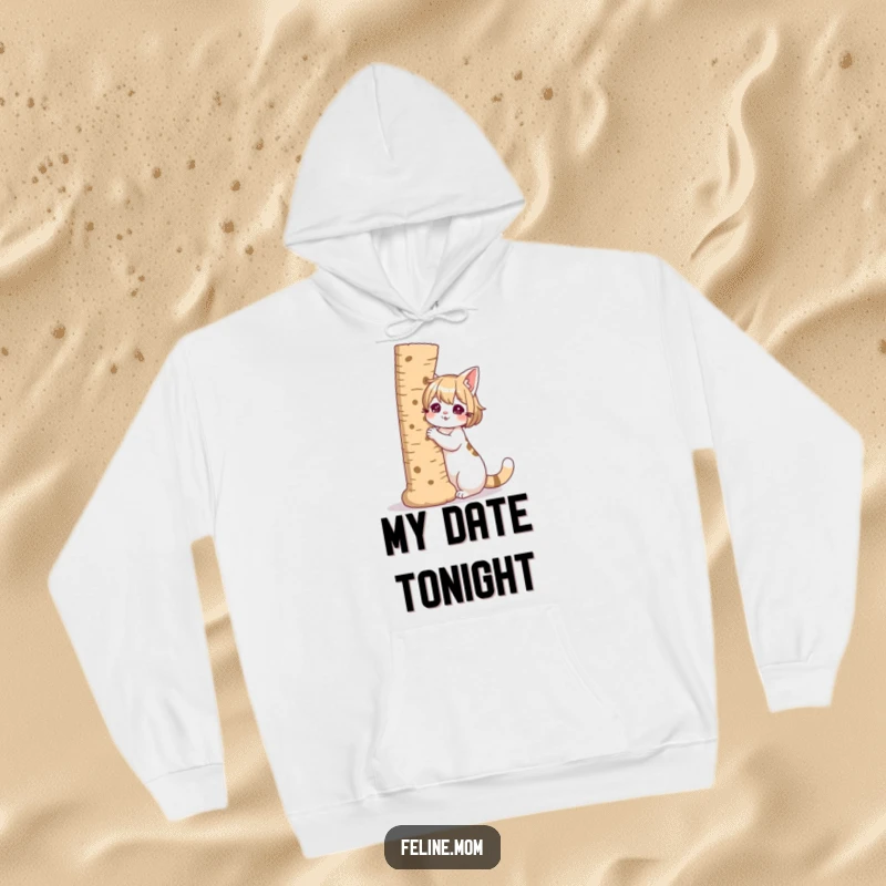 Funny illustration of a cat lady with a giant scratching post as her companion, on a hoodie.