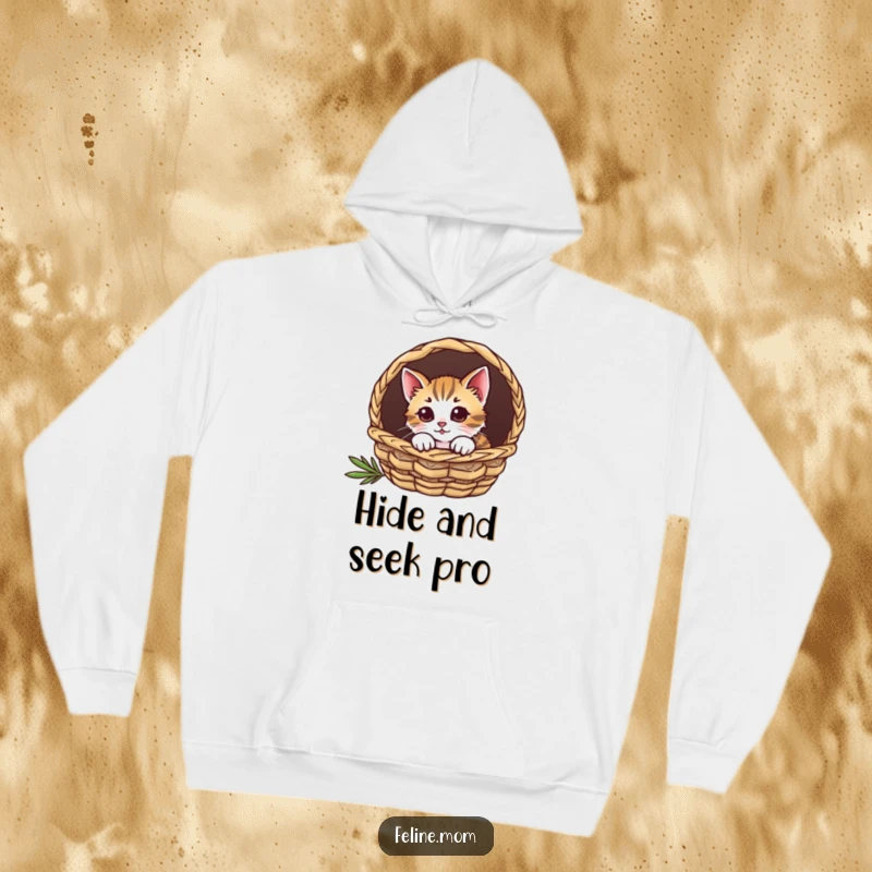 Funny cat hoodie with a curious feline peeking out from a snug, cozy basket.