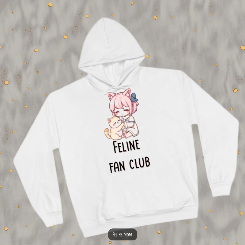 Funny Kawaii cat lady character in a cozy hoodie, gently petting a deeply relaxed and purring cat. Ultimate comfort and love.