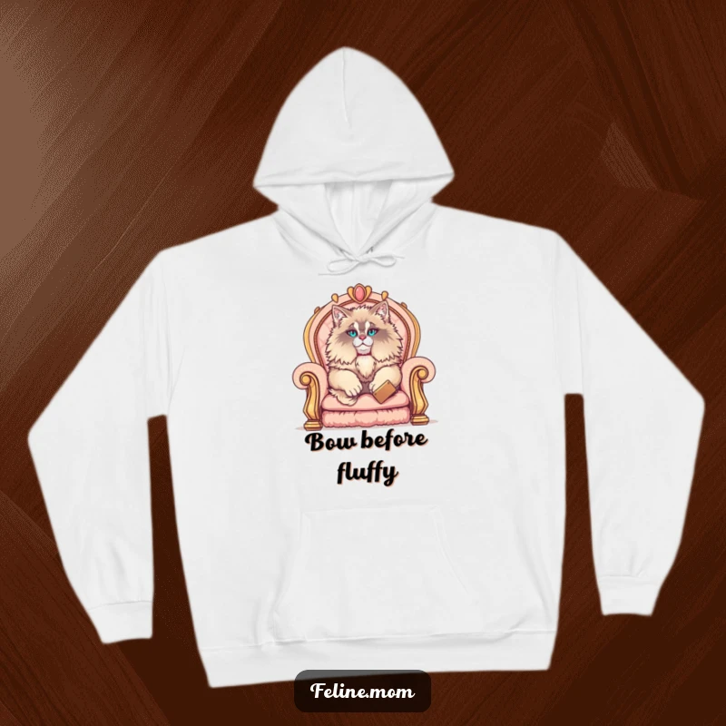 Funny Maine Coon hoodie showcasing a fluffy cat majestically seated on an ornate throne, radiating comfort and hilarious, pampered elegance.
