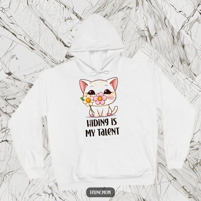 Funny shy cat wearing a delicate flower, peeking out coyly from behind. This hooded sweatshirt features the timid feline in a heartwarming illustration.