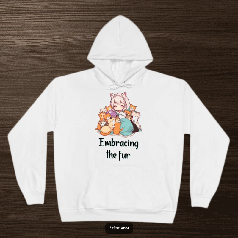 Funny Cat Lady hoodie showing a woman in a blanket being cuddled by many cats. Warm and humorous wear for devoted cat lovers.