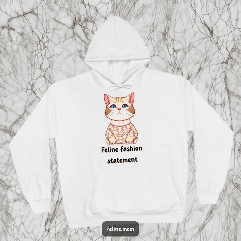 Funny cat lady hoodie designed like a sweater covered in tiny cat faces, offering warmth and purrfect style.