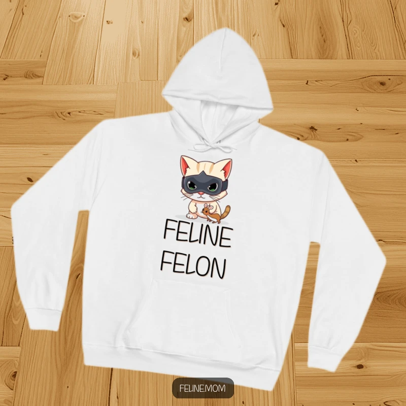 Funny hoodie featuring a mischievous cat bandit in a mask preparing to steal a toy mouse, great funny gift.