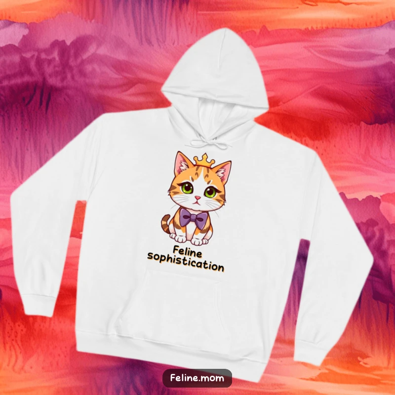 Funny Hoodie with a regal calico cat wearing a sharp bowtie, looking incredibly sophisticated and comically grand.