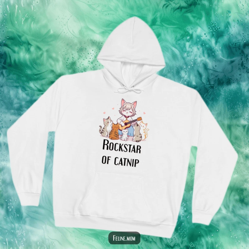 Funny Hoodie: A cat lady plays a mini guitar, captivating a semicircle of focused cats with her performance.