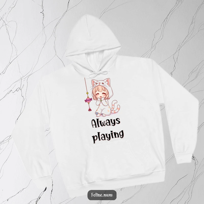 Funny hoodie of a woman in a cat outfit, energetically batting at a dangling toy, embodying playful feline joy. A humorous gift idea.