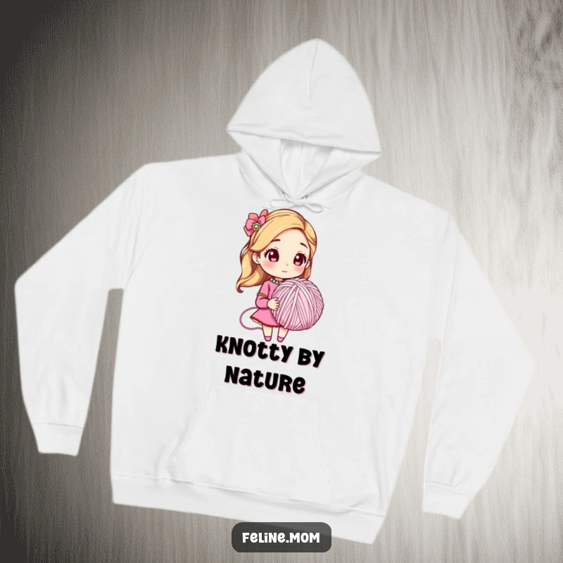 Funny hoodie showing a glamorous woman in a jeweled collar holding a massive yarn ball, embodying playful feline energy. A humorous gift idea.