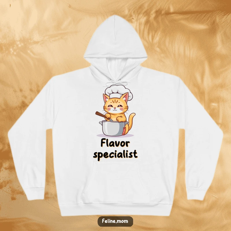 Funny Hoodie featuring a ginger cat in a chef hat, stirring a pot with gusto, a perfect blend of warmth and humor.