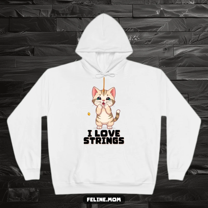 Funny Hoodie: A depiction of a playful tabby cat intensely focused on batting at a tempting string.