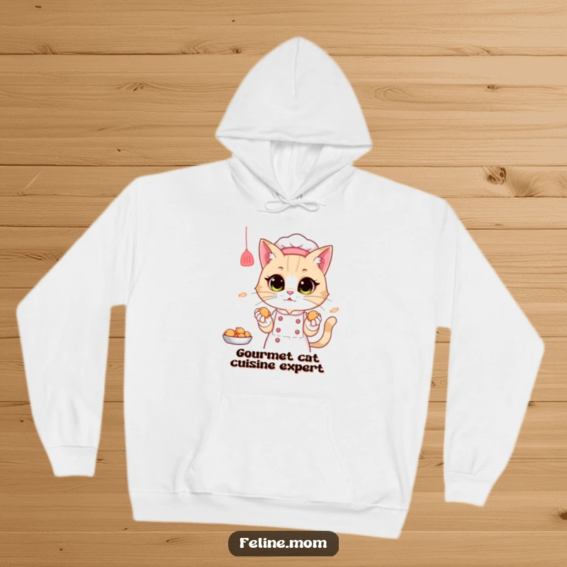 Funny Hoodie: A whimsical cat lady chef proudly displays tiny fish treats, ready to serve her beloved feline companions.