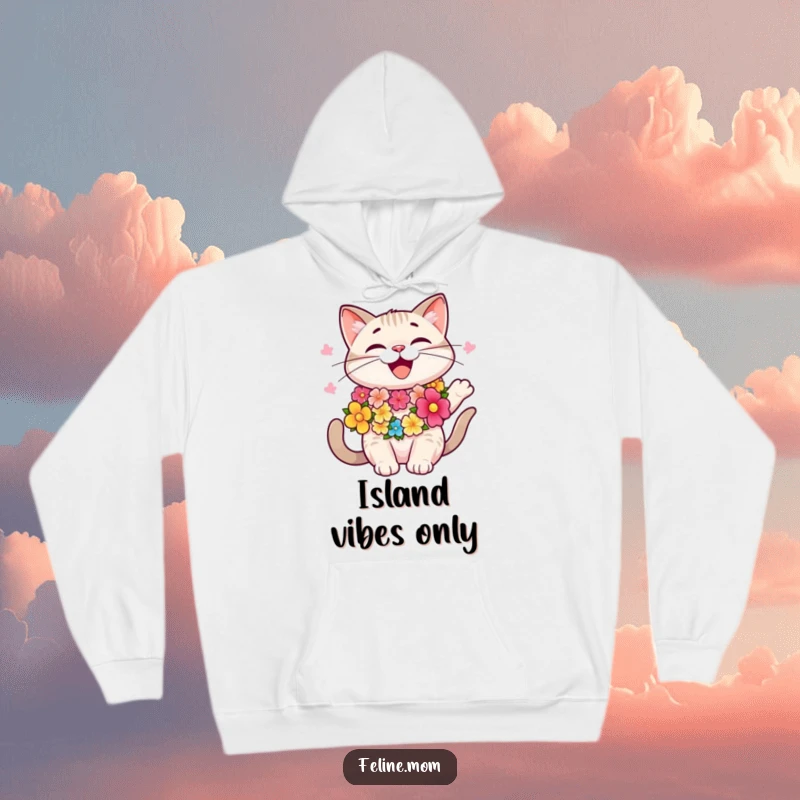 Funny happy cat wearing a colorful lei, swaying gently, relaxed, cozy hoodie, island style, funny gift.
