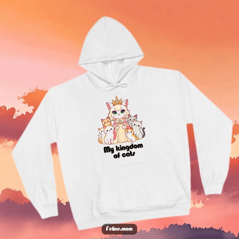 Funny cat lady as a queen, with her cats as her royal court, on a comfortable and cozy hoodie.