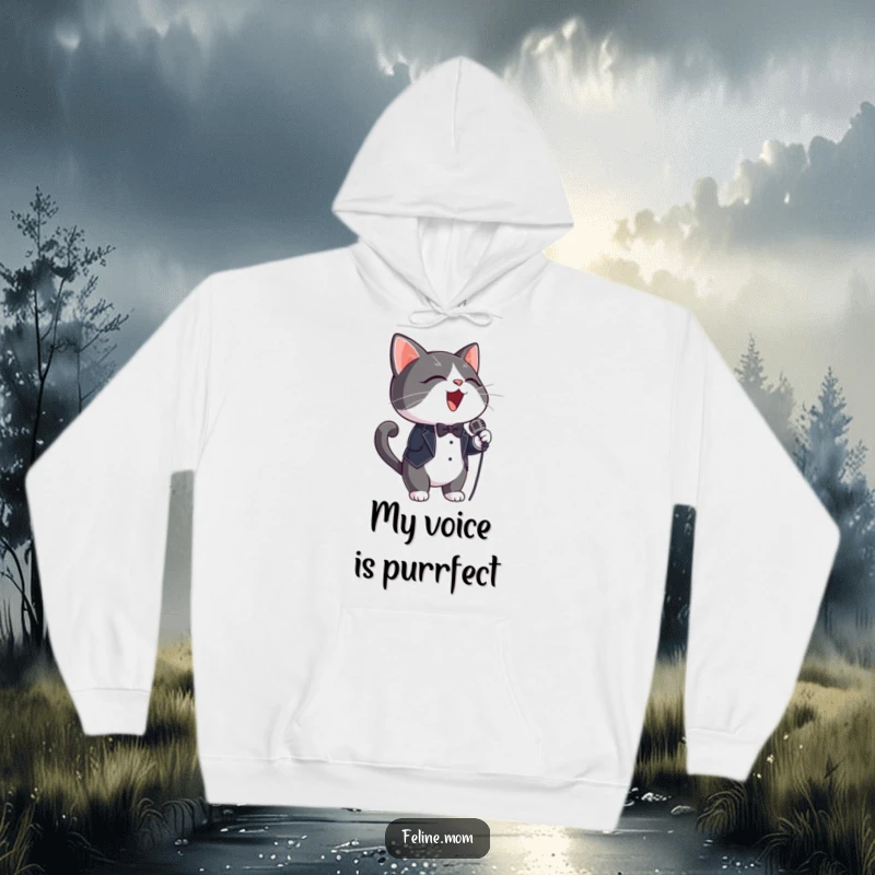 Funny Hoodie: A sophisticated tuxedo cat dons a tiny microphone, ready to deliver a purr-fect performance.