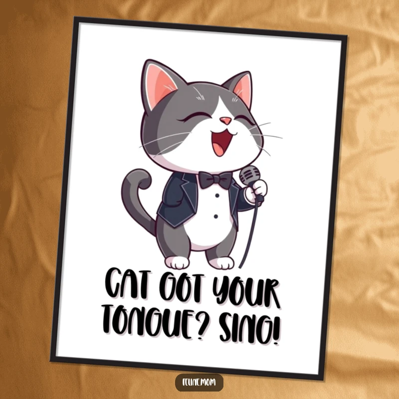 Funny Free Printable Wall Art: A tuxedo cat wearing a small microphone performs a song with dramatic flair.
