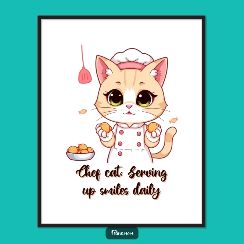 Free Printable Wall Art: Funny Cat Lady Chef Baking Fish Treats Downloadable Poster