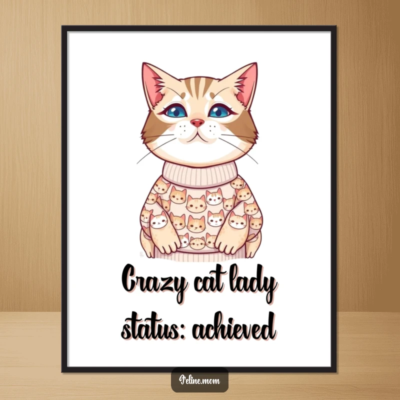Funny Free Printable Wall Art of a stylish cat lady wearing a sweater filled with lots of tiny, cute cat faces, a must-have decor piece.