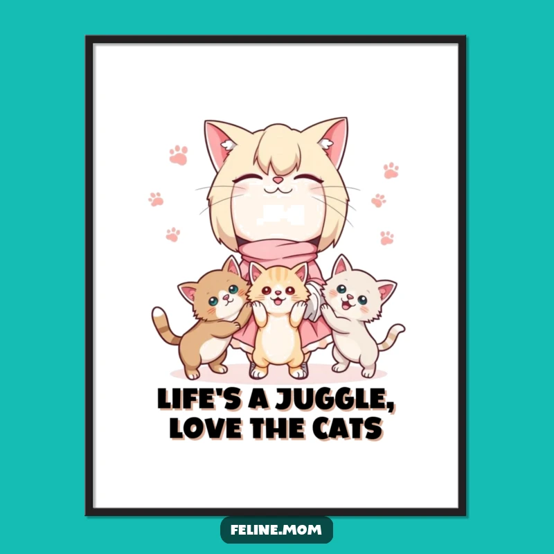 Free Printable Kawaii Cat Lady Art: Juggling Kittens Wall Decor Download