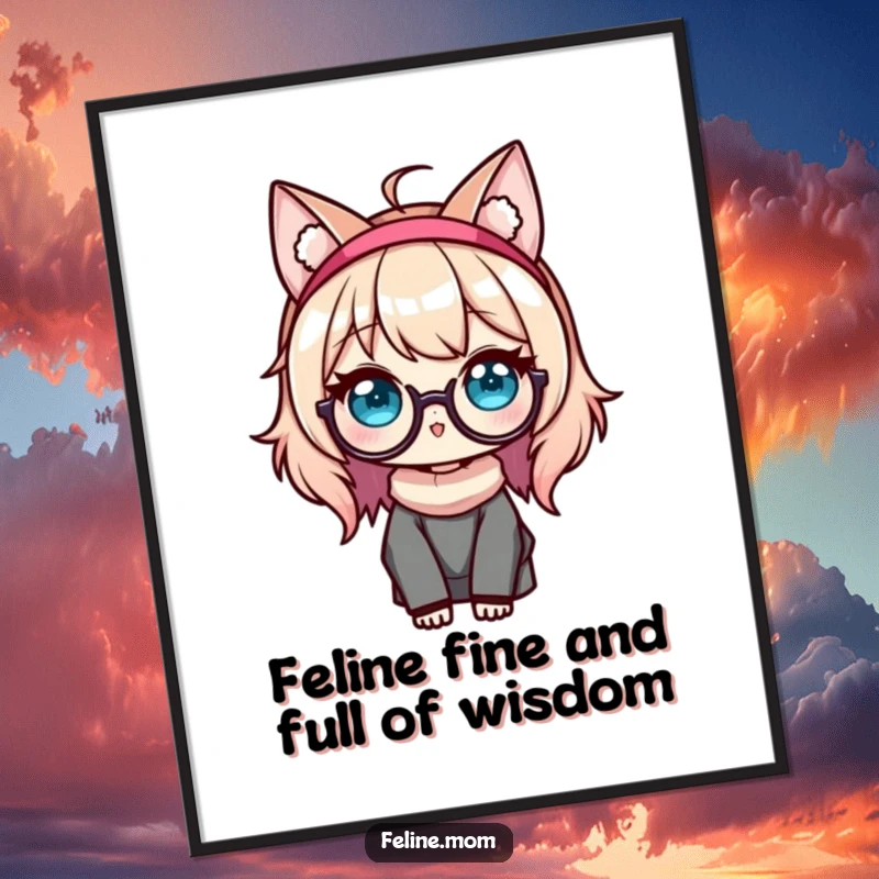 Funny free printable wall art of a Kawaii cat lady sporting an ear headband and glasses, exuding intellectual charm and cat affection.