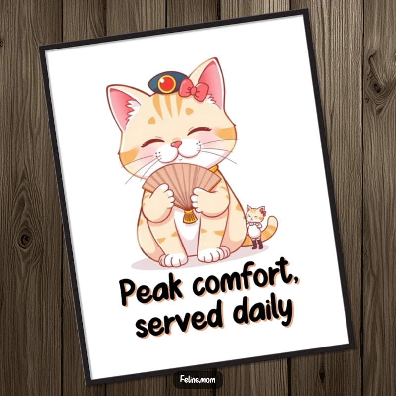 Funny Free Printable Pampered Cat Wall Art of a cat being fanned by a tiny attendant, embodying ultimate comfort and leisure.