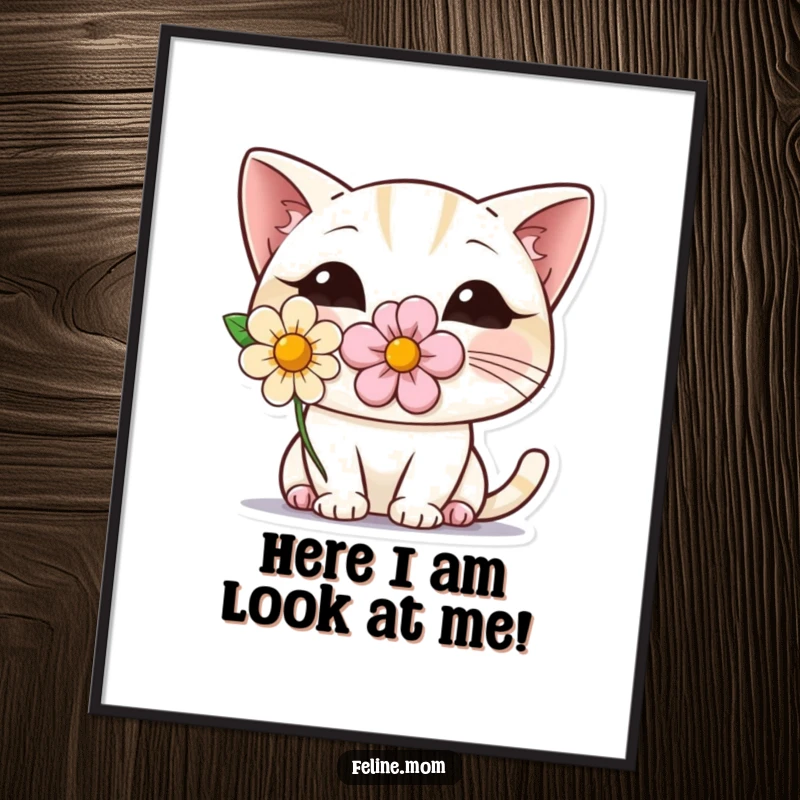 Funny Free Printable Wall Art: Shy cat wearing a flower, peeking from behind, cute and humorous downloadable art.