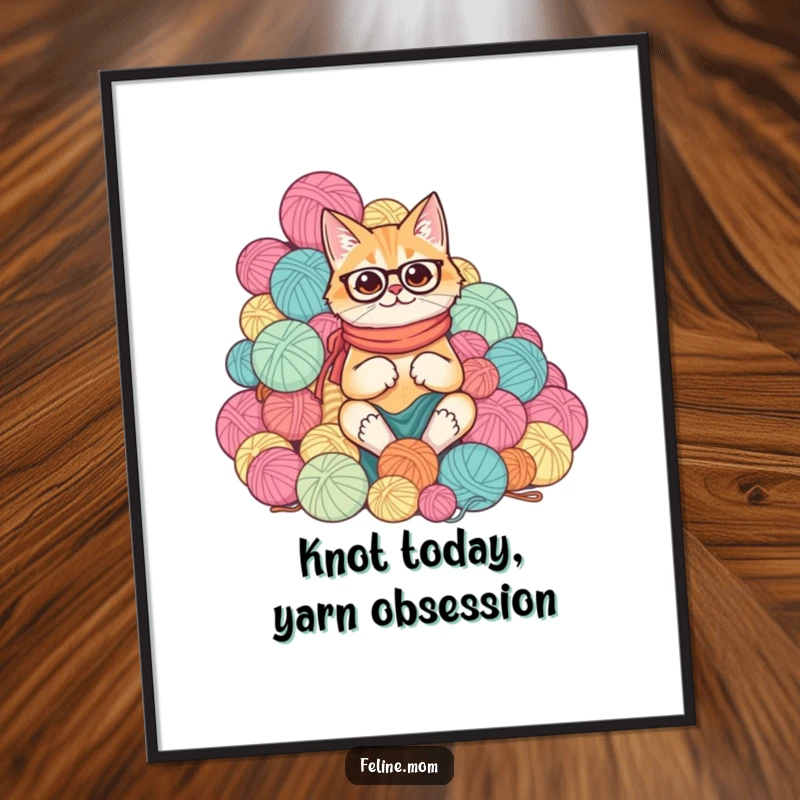 Funny Free Printable Wall Art: A comical cat lady submerged in a mountain of colorful yarn balls, pure chaos.