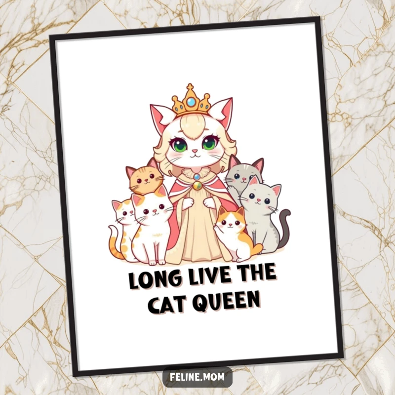 Funny Free Printable Wall Art: A cat lady depicted as a queen, with a court of cats, majestic and amusing.