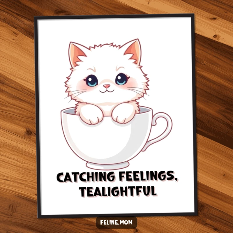 Funny Free Printable Wall Art of a fluffy white cat sitting serenely in a giant teacup, a whimsical piece of downloadable art for any room.