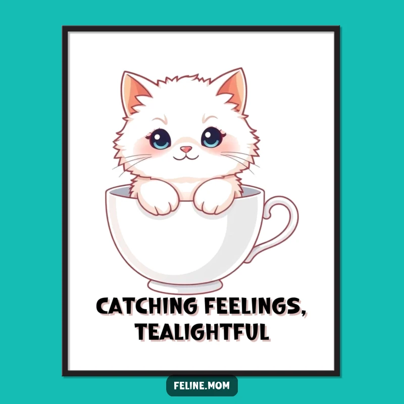 Free Printable Wall Art: Fluffy Cat in Giant Teacup Whimsy