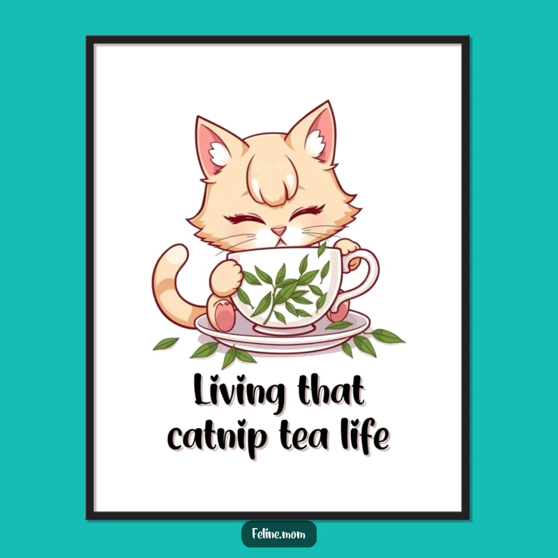 Free Printable Wall Art: Funny Cat Lady Catnip Teacup Art, Downloadable Decor