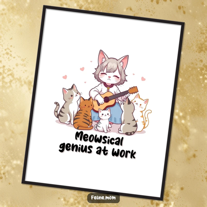 Funny free printable wall art: Cat lady performs a heartfelt song on a tiny guitar for her rapt audience of cats.