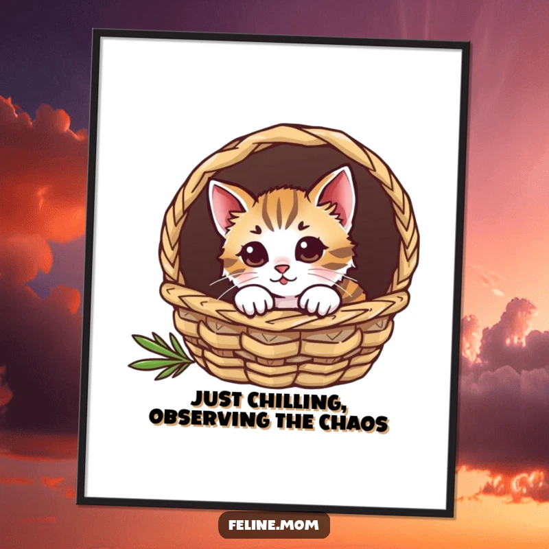 Funny free printable wall art: A curious cat with big eyes peeks out from a cozy basket, creating a charming scene.