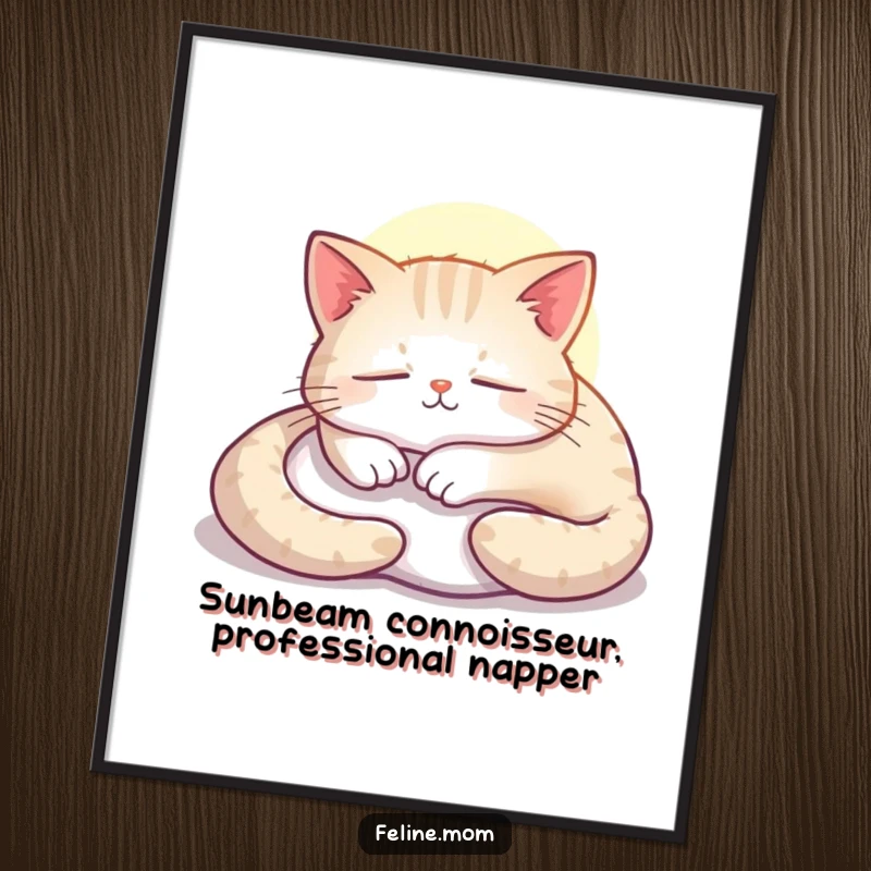 Funny free printable wall art: A contented cat is napping peacefully, curled up in a bright, warm sunbeam.