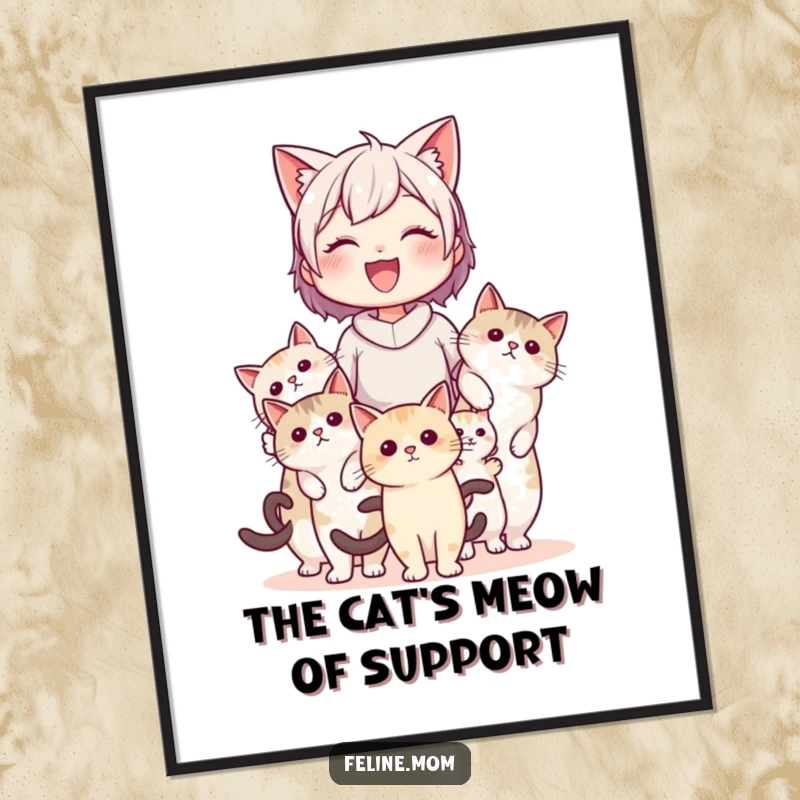 Funny Free Printable Wall Art: A delighted cat lady is being carried through the air by a supportive entourage of cats.