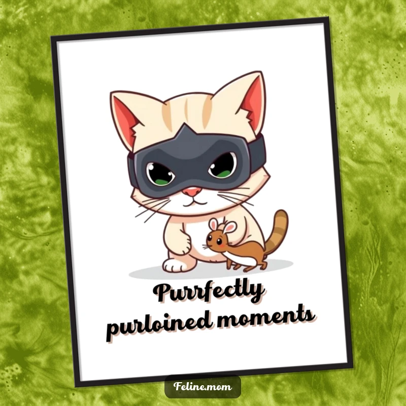 Funny Free Printable Wall Art: A cartoon cat wearing a bandit mask, stealthily creeping with a toy mouse.