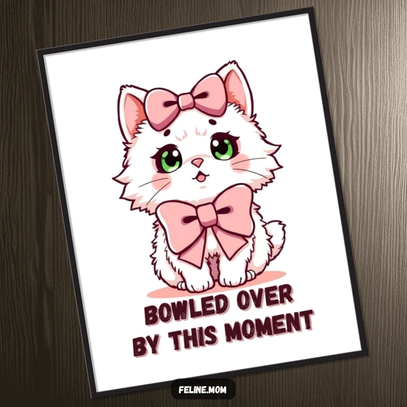 Funny Free Printable Wall Art: A fluffy cat with wide eyes wearing an oversized bow, looking completely surprised.