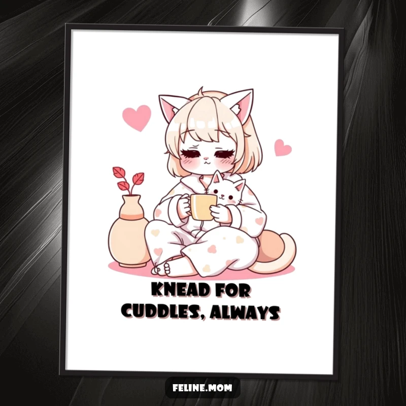 Funny Free Printable Wall Art: Cat lady in pajamas shares a serene tea moment with her beloved cat, radiating coziness.