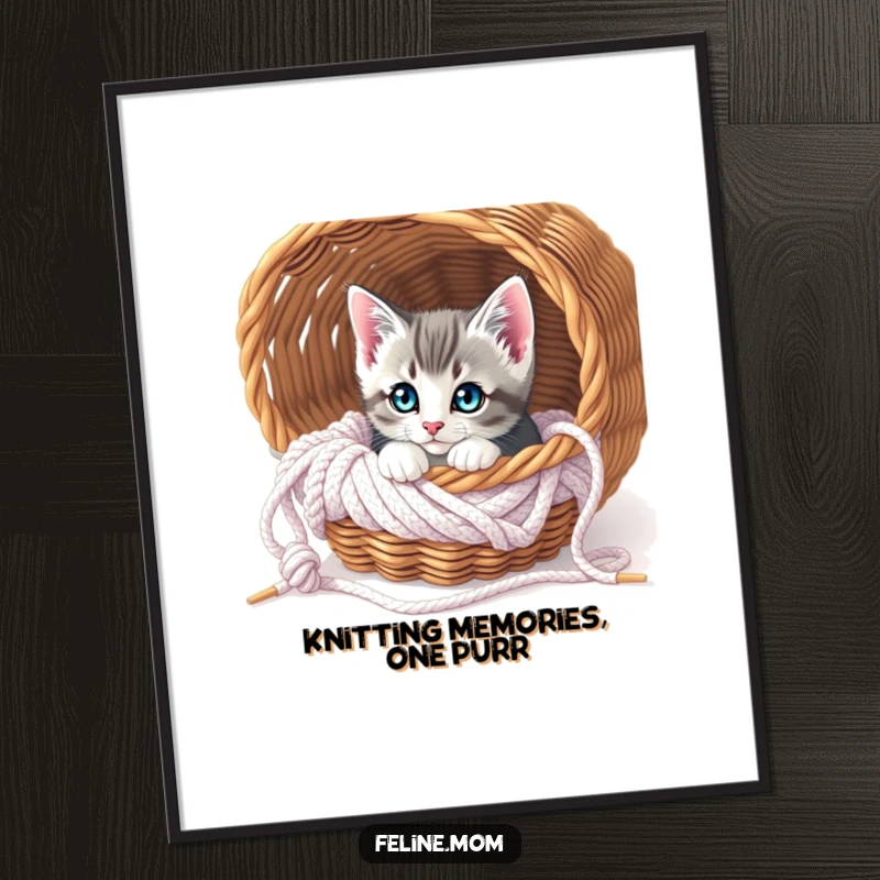 Funny Free Printable Wall Art of a curious kitten peeking from a knitting basket, a delightful piece of downloadable art for cat enthusiasts.